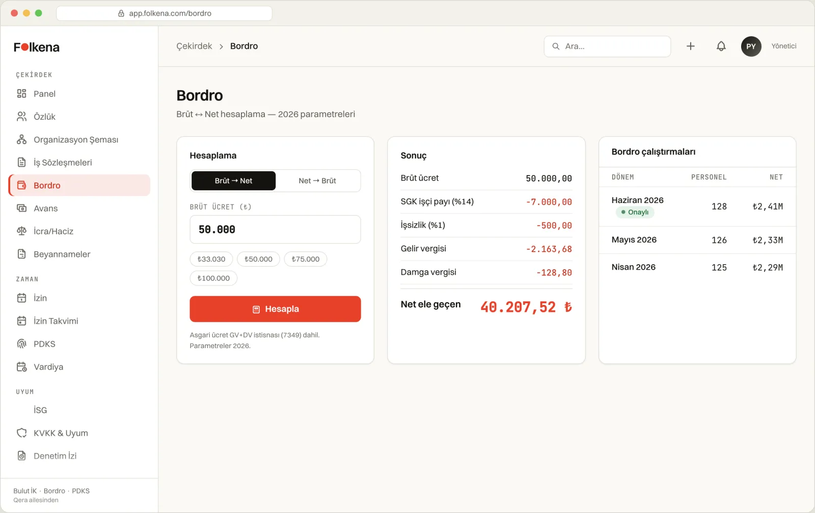 Folkena bordro ekranı — 2026 mevzuatıyla hesaplanmış dönem